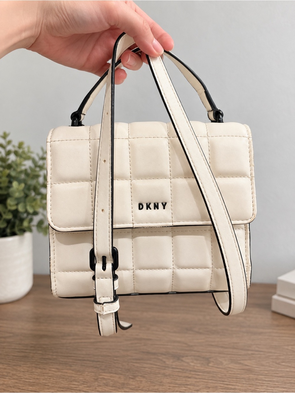 DKNY Cream Quilted Satchel with Top Handle & Strap